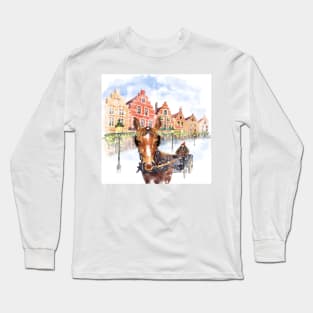 Horse carriage on Christmas Markt square in Brugge, Belgium Long Sleeve T-Shirt